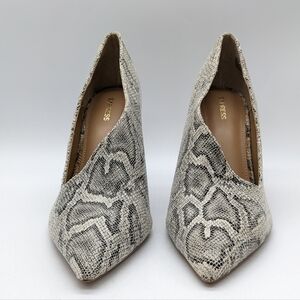 Express black & off white snake print open side stiletto heel 10